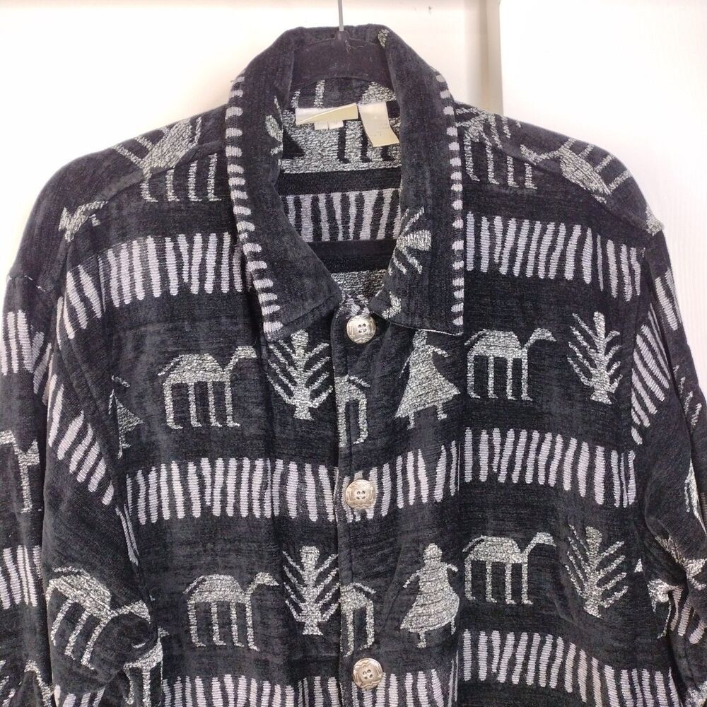 Chicos Design Black Gray Primitive Print Button Front Jacket Shirt Women Sz 3 XL